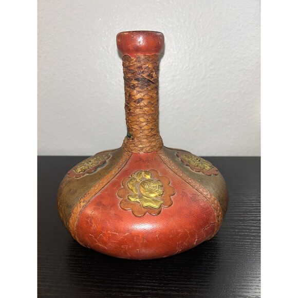 Vintage ITALIAN LEATHER WRAPPED DECANTER BOTTLE Brown Gold Symbol Made In Italy - Picture 1 of 6